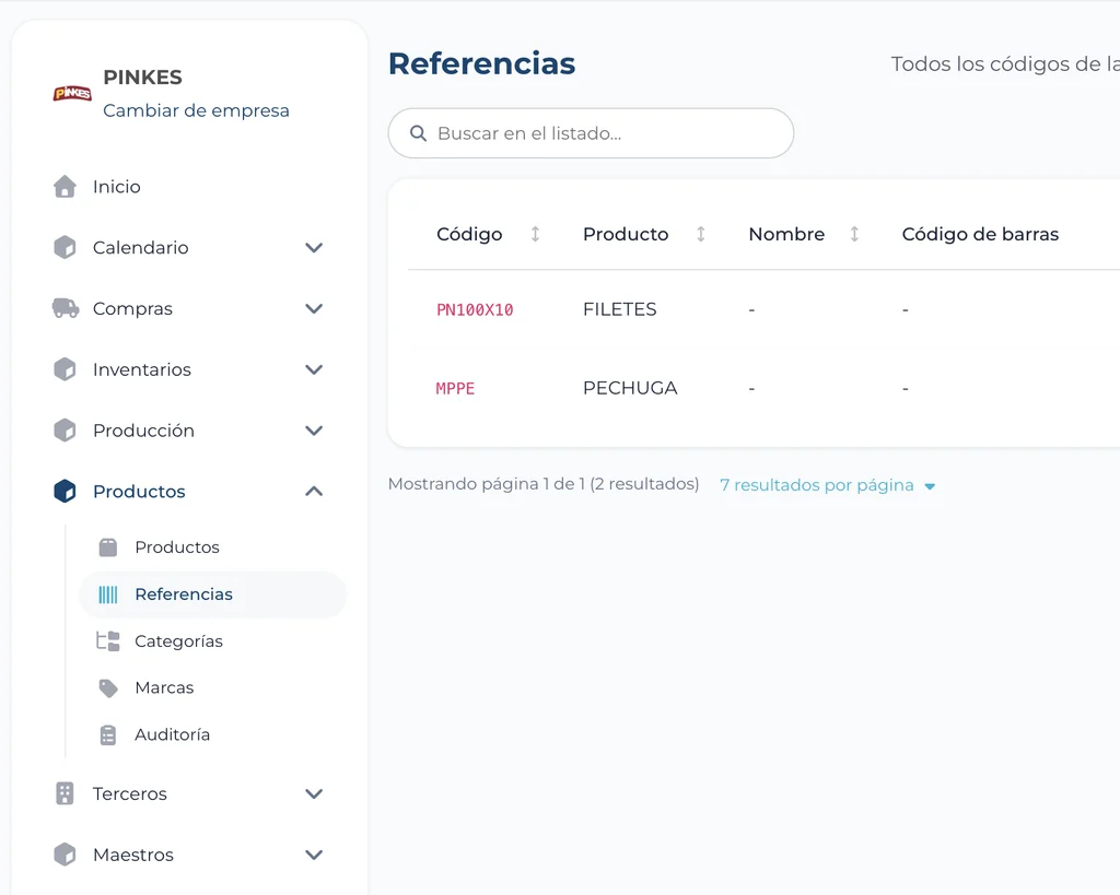 Listado de referencias de productos en el sistema de una planta de alimentos, con el menú de compras, inventario y producción